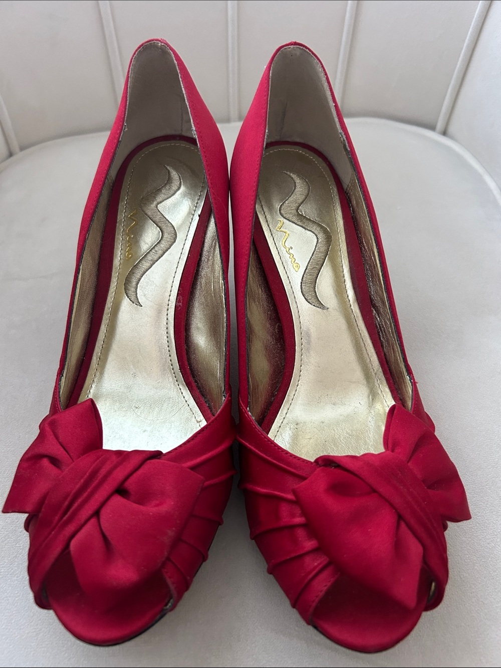 Nina Red Satin Peep-Toe Heels with Knot Detail